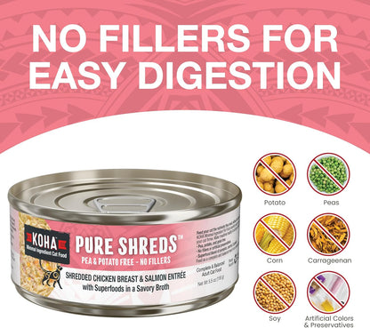 KOHA Pure Shreds Chicken and Salmon Entrée for Cats, High Protein Wet Cat Food, 2.8oz Cans (Pack of