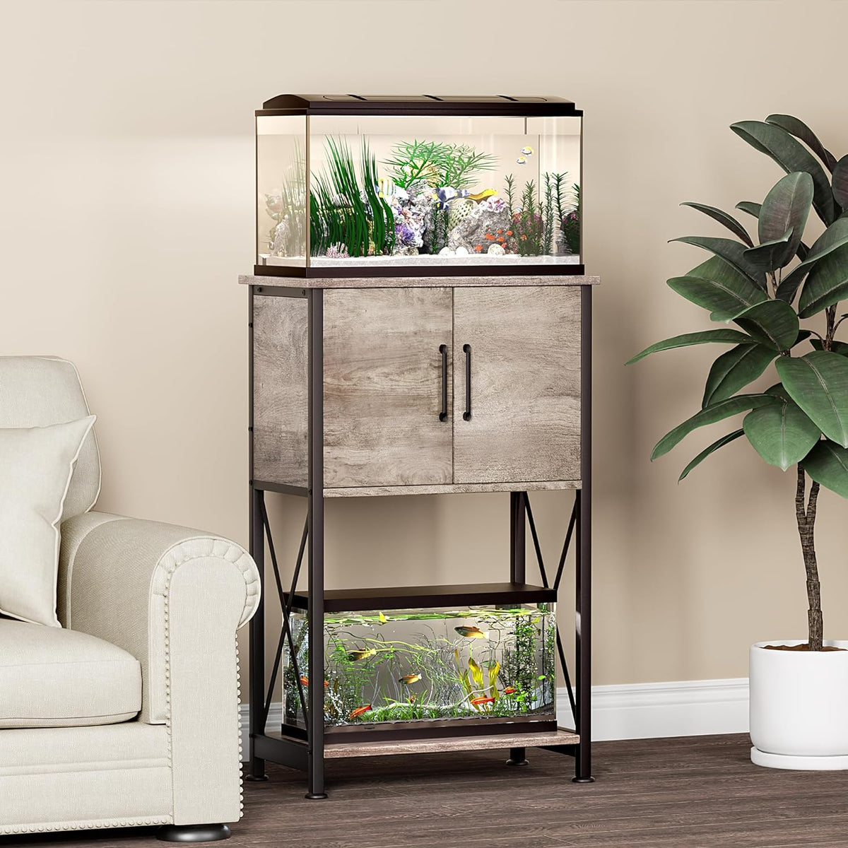 5-10 Gallon Fish Tank Stand, Metal Double Aquarium Stand with Cabinet for Fish Tank Accessories