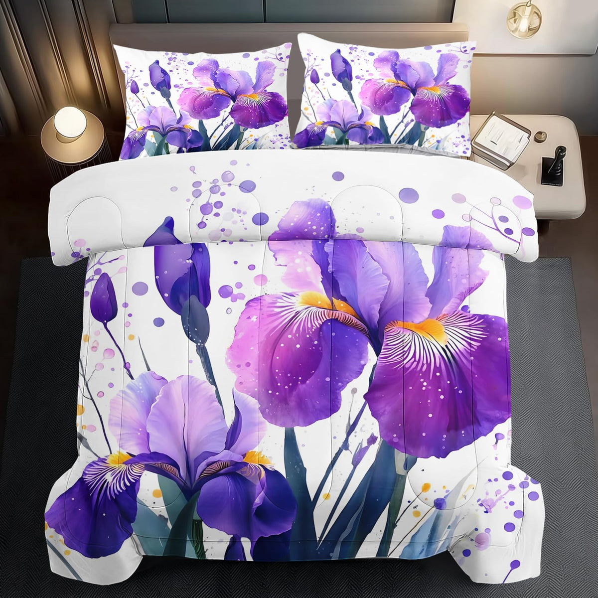 Purple Floral Comforter Set Full Size Woman,Purple Iris Comforter for Girls,Pink Flower Bedding Set