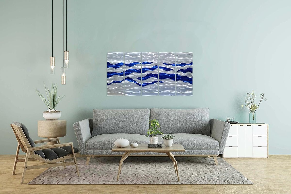 SYGALLERIER Abstract Coastal Metal Wall Art Handcrafted Big 3D Blue and Silver Artwork Modern Sea