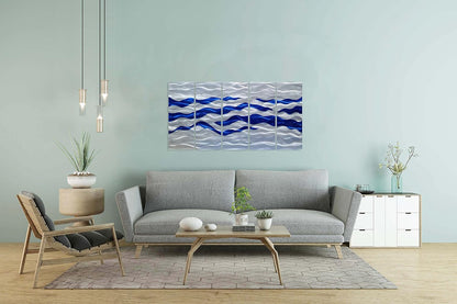 SYGALLERIER Abstract Coastal Metal Wall Art Handcrafted Big 3D Blue and Silver Artwork Modern Sea