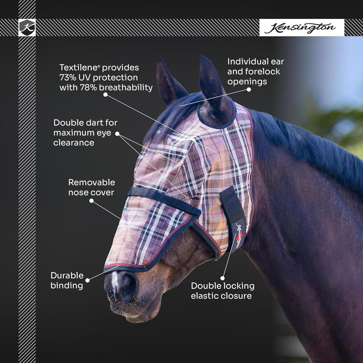 Kensington Signature Fly Mask with Removable Nose — Protects Horses Face and Nose from Biting