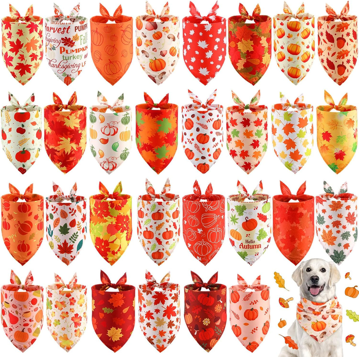 Chunful 30 Pcs Thanksgiving Fall Bandanas for Dogs Autumn Dog Bandanas with Maple Leaves Pumpkin