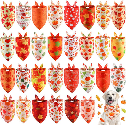 Chunful 30 Pcs Thanksgiving Fall Bandanas for Dogs Autumn Dog Bandanas with Maple Leaves Pumpkin