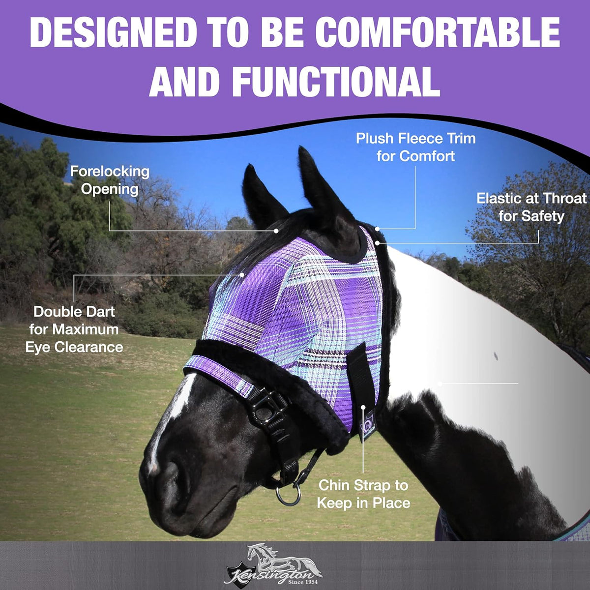Kensington Fly Mask with Fleece Trim for Horses — Protects Face and Eyes Helps Block Sun Rays While