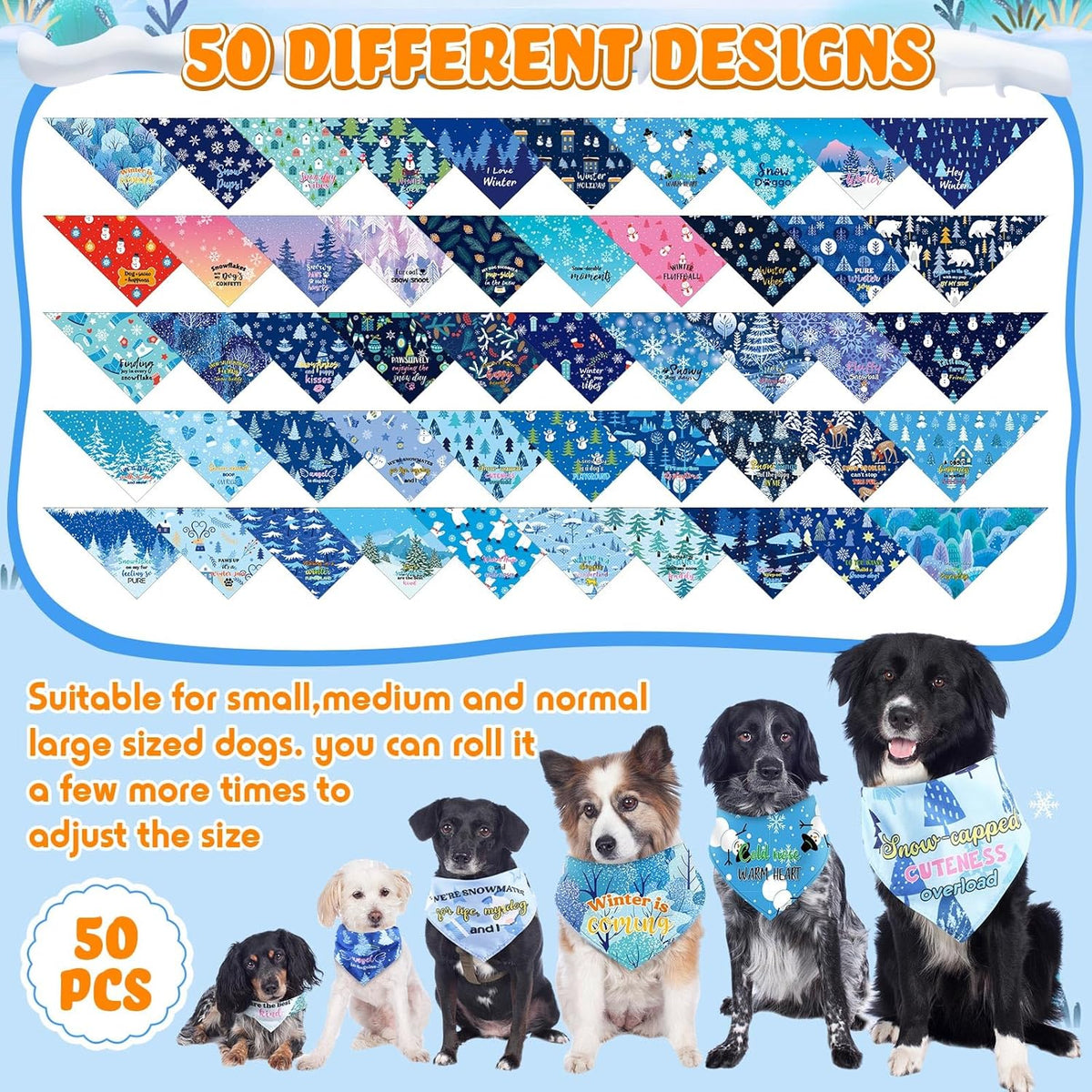 Abbylike 50 Pcs Winter Dog Bandanas Bulk Pet Scarfs Triangle Bibs Adjustable Washable Puppy