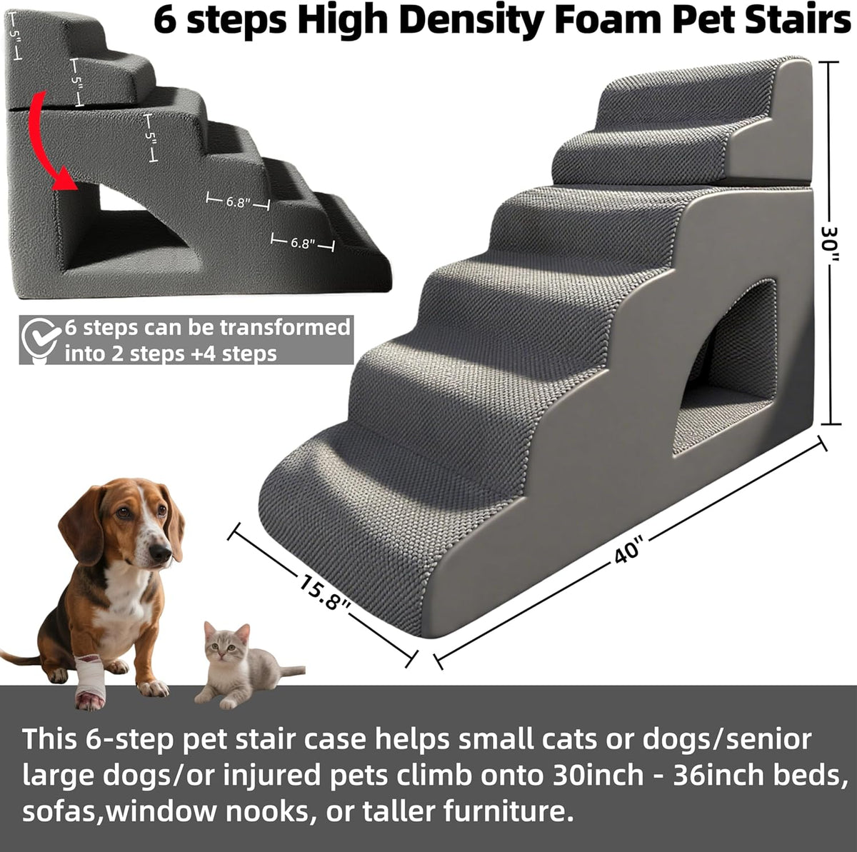 6 Step Pet Stairs Ramp for High Beds Sofas 18-36 Inch, Non-Slip Dog Stairs for Small Old Medium