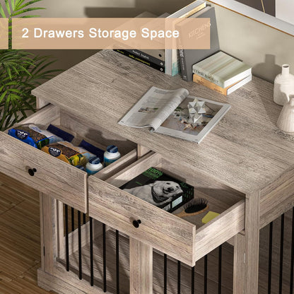 BREEZEHEAT 40 inch Dog Crate Furniture-Farmhouse Dog Kennel with Drawers-End Table Wooden Pet