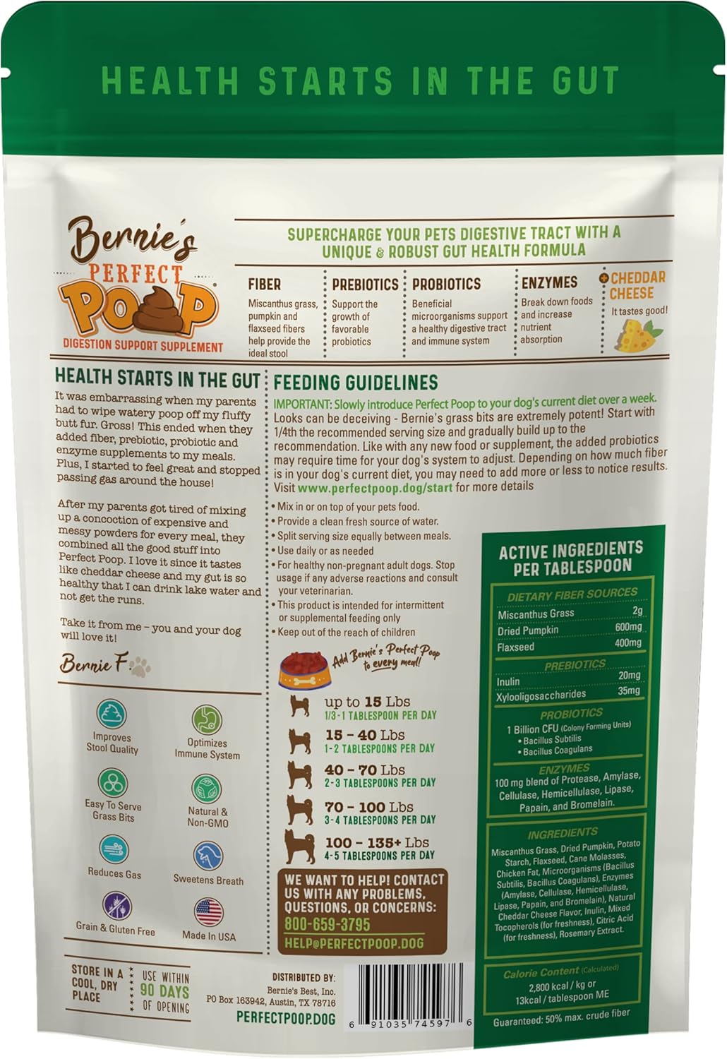 Perfect Poop Digestion & General Health Supplement for Dogs: Fiber, Prebiotics, Probiotics &