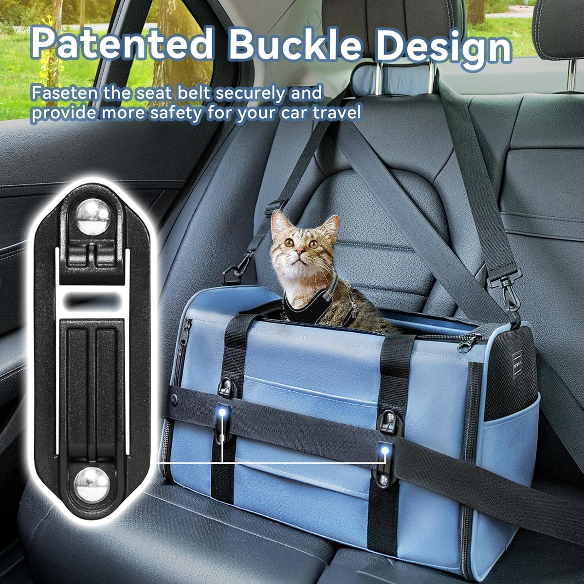 PETSFIT Soft-Sided Cat Carriers & Car Seats with Patent Safe Buckles, Clip-On Harness，18"x11"x11"