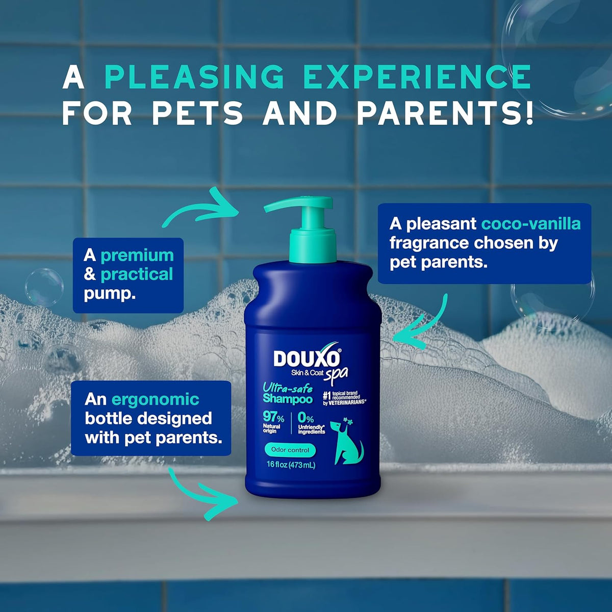 DOUXO® Skin & Coat SPA - Ultra-Safe Odor Control Dog Shampoo for Smelly Dogs, 16 fl oz, Cleans and