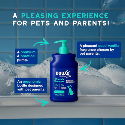 DOUXO® Skin & Coat SPA - Ultra-Safe Odor Control Dog Shampoo for Smelly Dogs, 16 fl oz, Cleans and