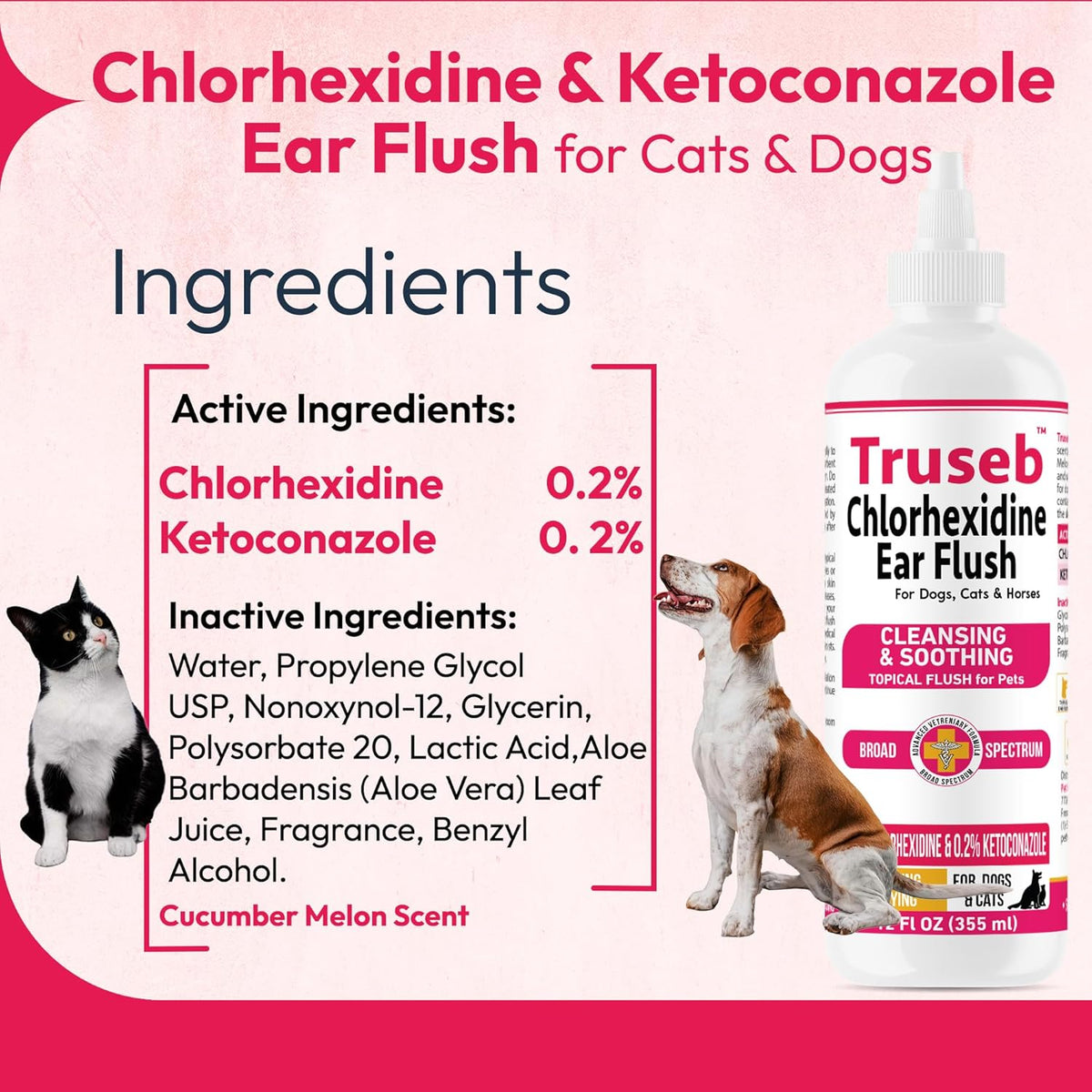 Truseb Advanced Topical Dog Ear Wash with Ketoconazole & Chlorhexidine Ear Flush Dog, Cats and