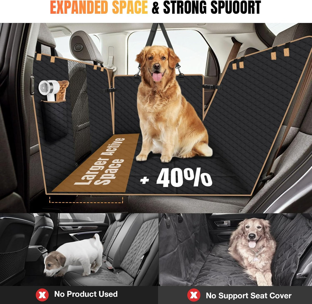 Dog Car Seat Cover for Back Seat, Dog Car Bed Cover with Strong Hard Bottom 4 Panels, Car Back Seat