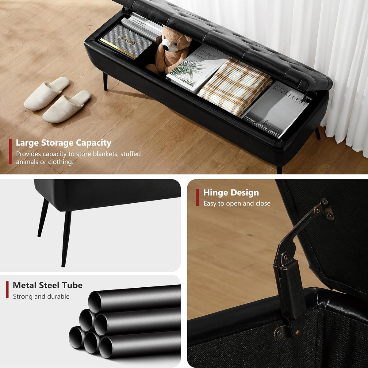 Leather Storage Ottoman Bench,End of Bed Bench for Living Room Bedroom Dinning Room