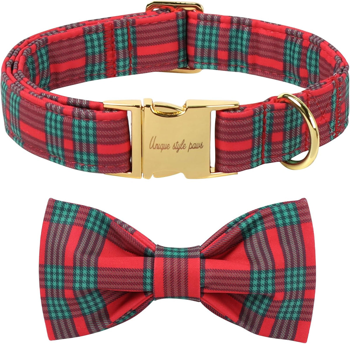 Unique Style Paws Christmas Dog Collar with Bow Red Green Plaid Cotton Puppy Collars for Small