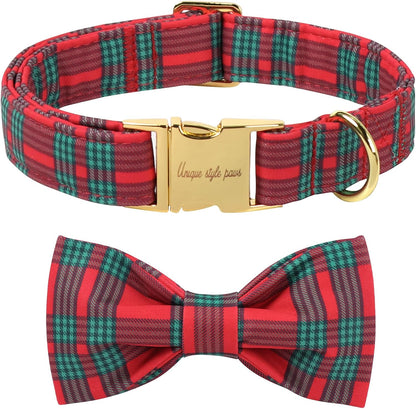 Unique Style Paws Christmas Dog Collar with Bow Red Green Plaid Cotton Puppy Collars for Small