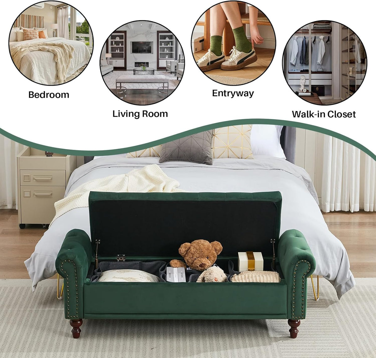 58.1'' Storage Bench Upholstered Velvet End of Bedroom Bed Bench Ottoman with Tufted Cushioned