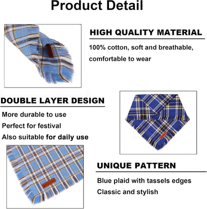ADOGGYGO Dog Bandanas Boy with Tassels Edges, Stylish Blue Plaid Pet Scarf, Soft Cotton Fabric