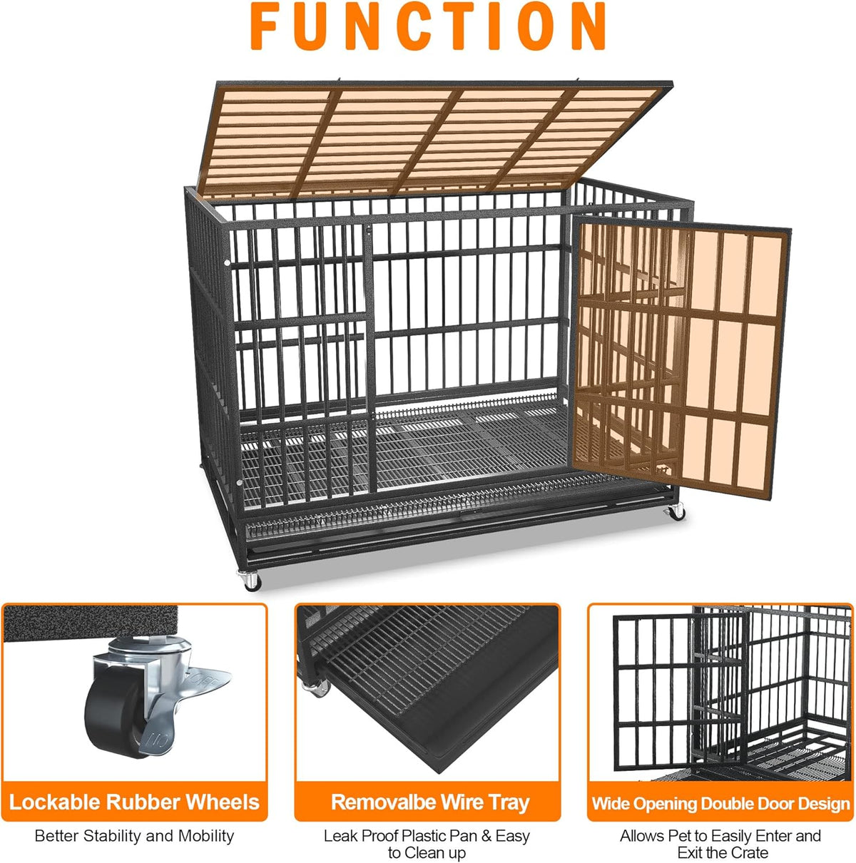 54/48/42/38 Inch Heavy Duty Dog Crate Cage with Wheels, Indestructible and Escape Proof Steel