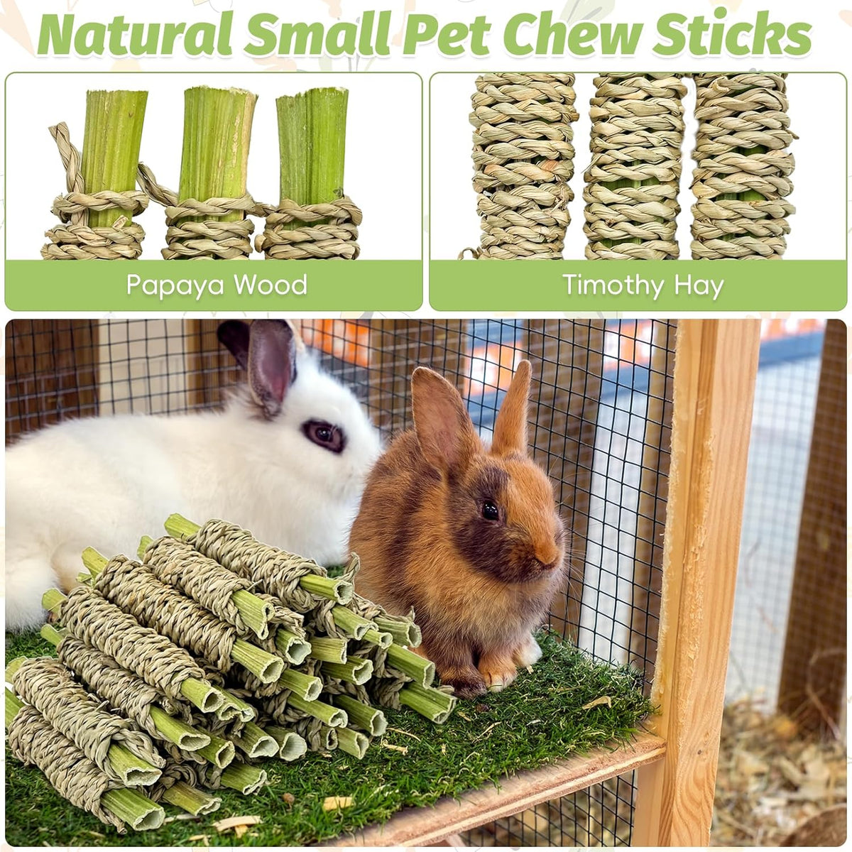 Fhiny 24 PCS Rabbit Chew Sticks, Natural Papaya Wood Seagrass Guinea Pig Chew Toys for Teeth Small