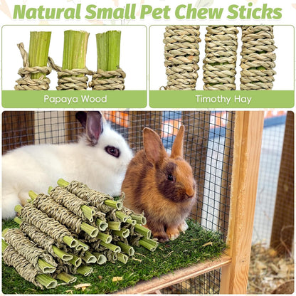 Fhiny 24 PCS Rabbit Chew Sticks, Natural Papaya Wood Seagrass Guinea Pig Chew Toys for Teeth Small