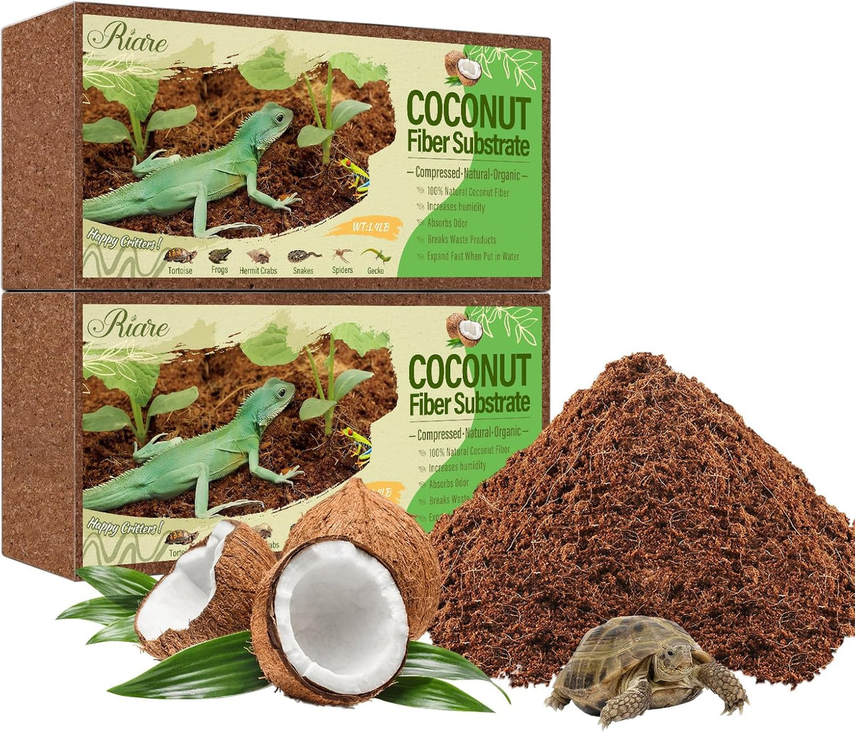 Riare 2 Pack Natural Coconut Fiber Substrate for Reptile- Premium Compressed Coconut Husk Terrarium