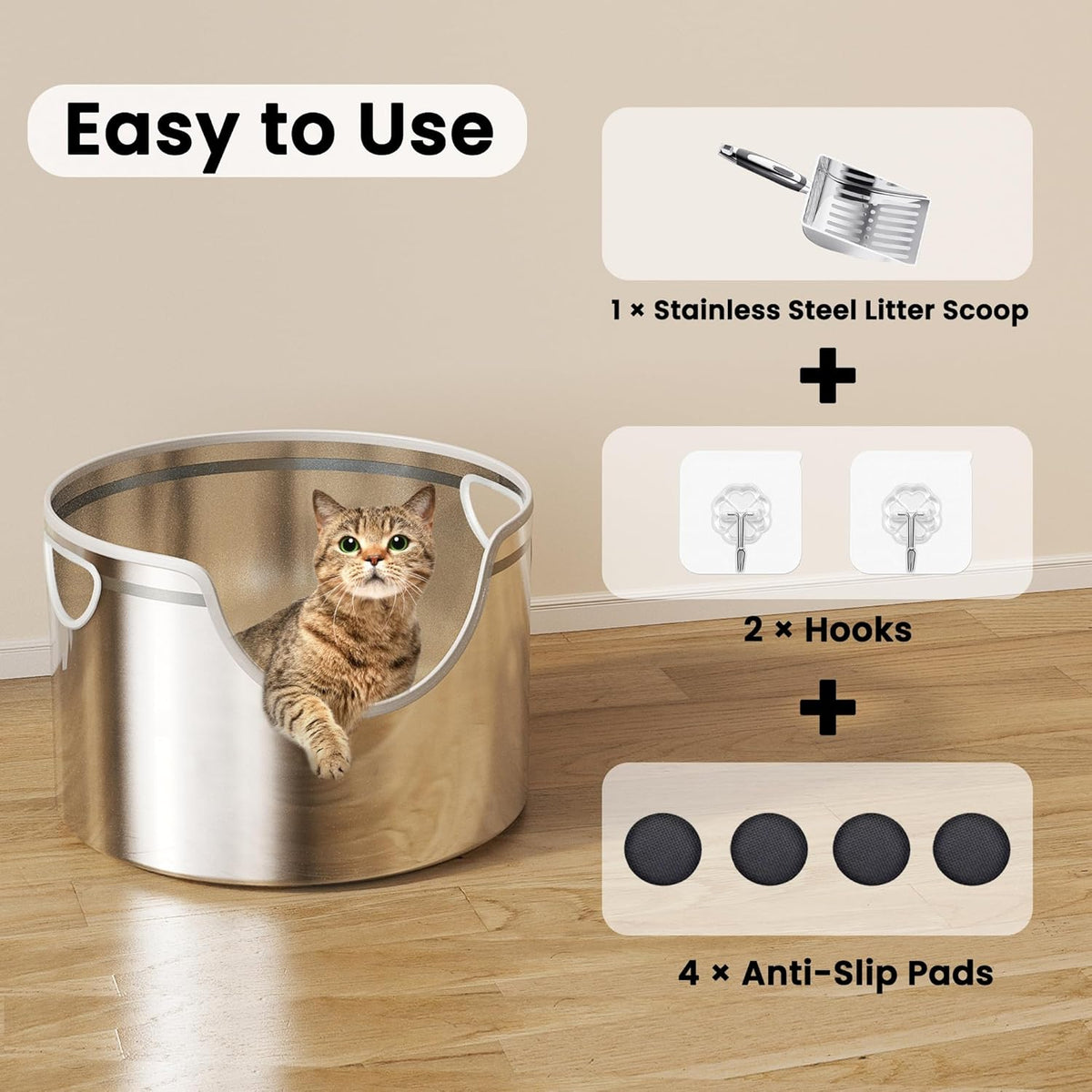 Stainless Steel Litter Box Metal with Integrated Round for XL/XXL Big and Multi Cats, 12" High Wall
