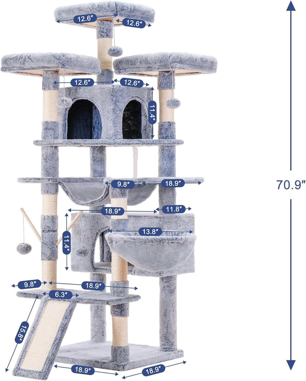 Hey-brother Cat Tree, 71 inches XL Large Cat Tower for Indoor Cats, Multi-Level Cat House with 3