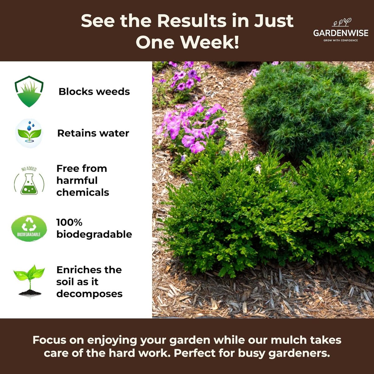 Premium Organic Wood Mulch for Gardens, Landscaping, Potted Plants, and Vegetable Gardens (0.3 CF