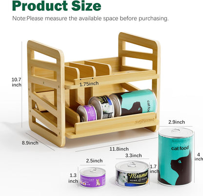 Rolling Bamboo Cat Food Can Organizer, 2-Layer Wet Cat Food Storage Container Holds 42 (3oz) Cans