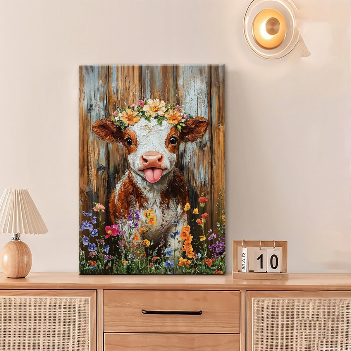 Funny Cow Bathroom Pictures Wall Art, Rustic Brown Cute Cow Bathroom Wall Decor, Farmhouse Floral