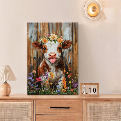 Funny Cow Bathroom Pictures Wall Art, Rustic Brown Cute Cow Bathroom Wall Decor, Farmhouse Floral