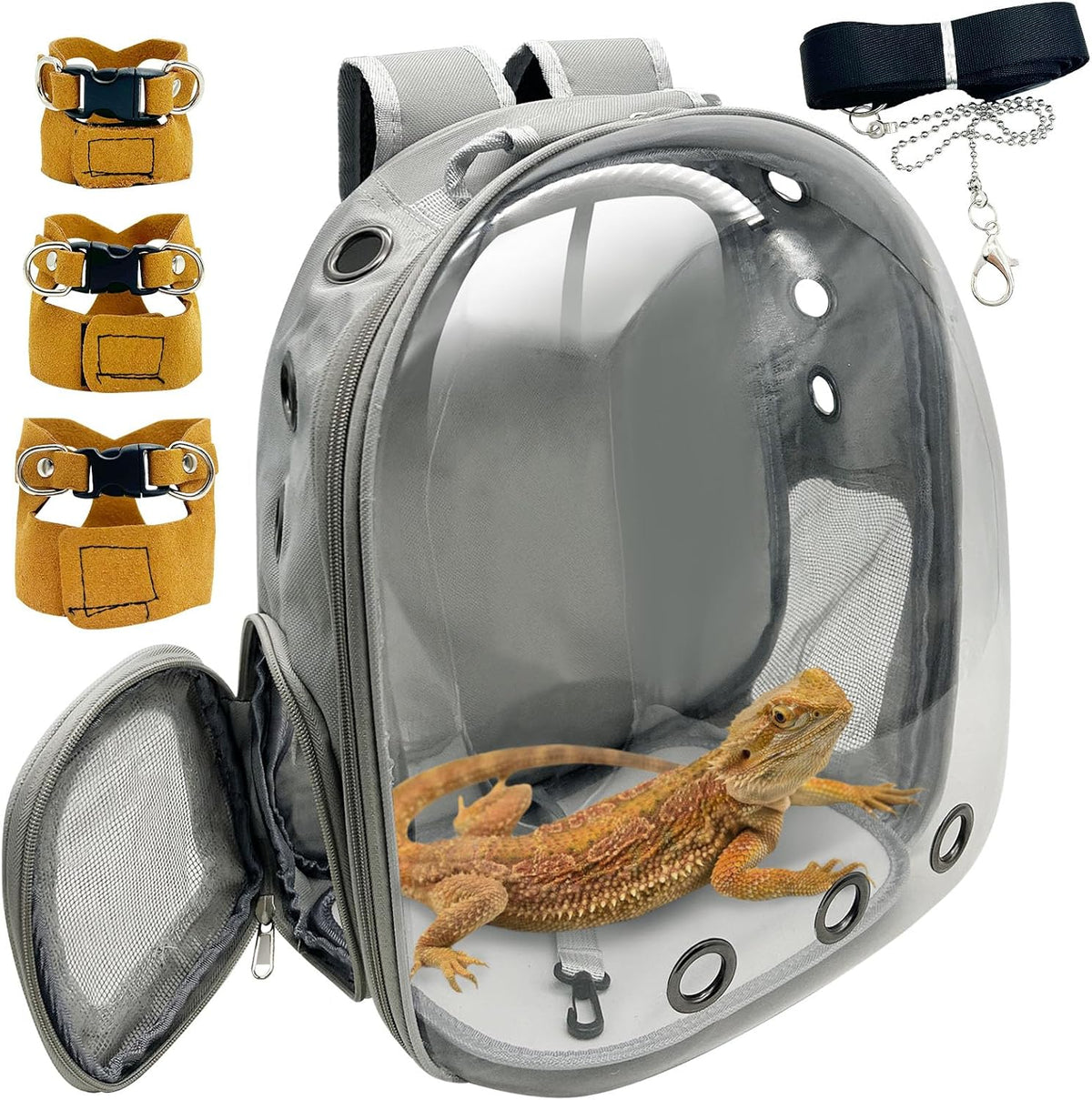 PINVNBY Bearded Dragon Carrier Backpack with Harness and Leash Set Large Reptile Travel Carrier
