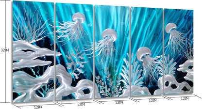 SYGALLERIER Jelly Fish Large Metal Wall Art Hand Grind Aluminum Artwork 3D Undersea World Coastal