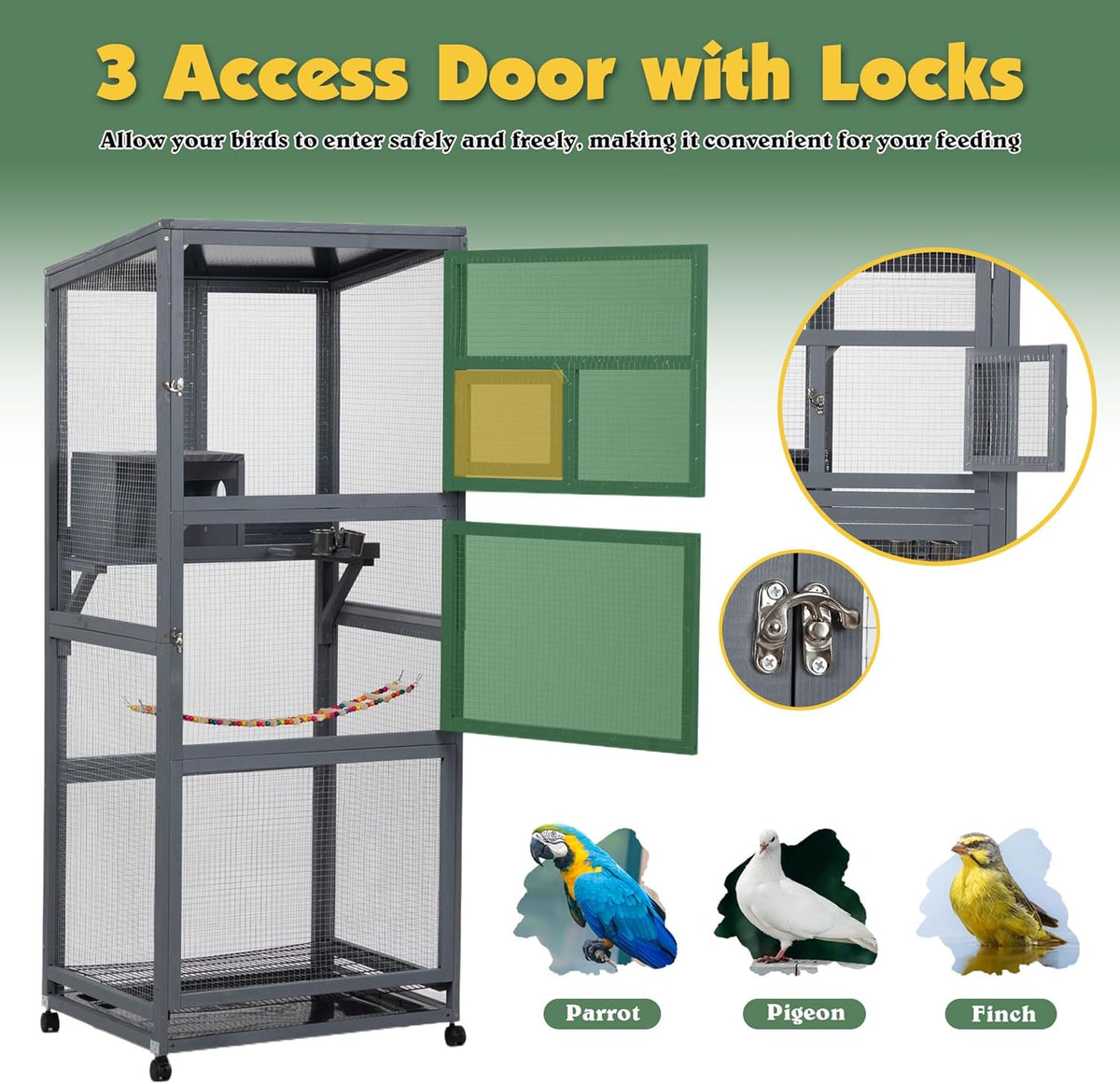 Coziwow 68" H Large Wood Bird Cage on Wheels, Outdoor Bird Aviary Indoor Wooden Large Bird Cage