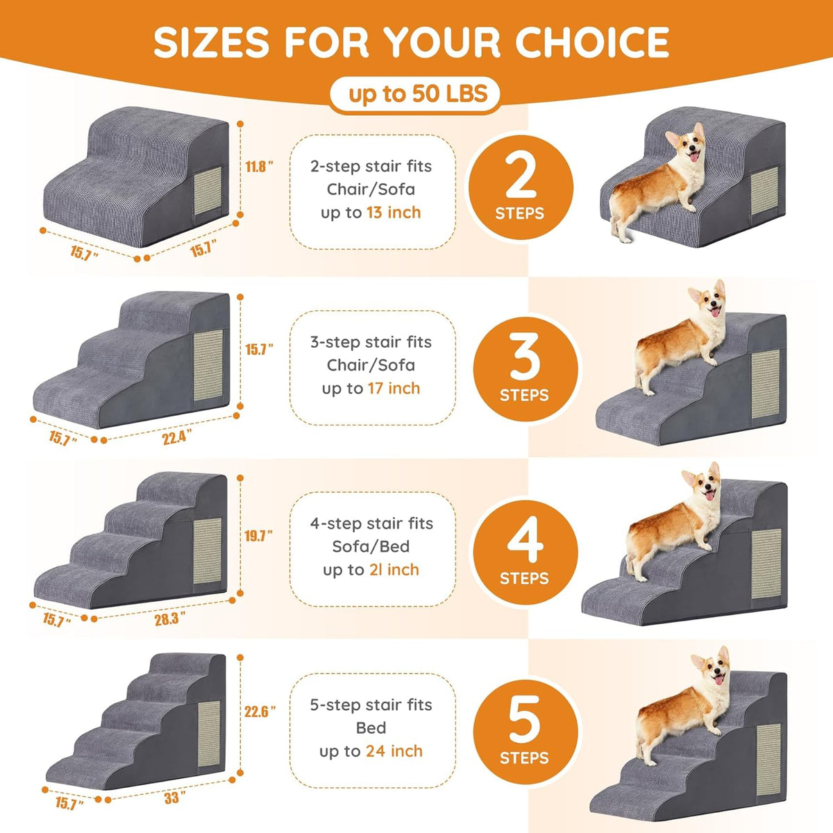 Dog Stairs for Small Dogs, 4-Step Dog Ramp for Bed 19.7" H, Dogs Steps for Bed, Couch, Pet Stairs