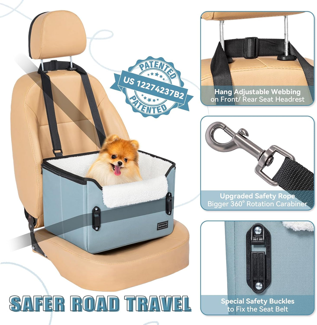 PETSFIT Dog Car Seats for Small Dogs, Patent Safe Buckles Dog Booster Car Seat, Pet Car Seat with