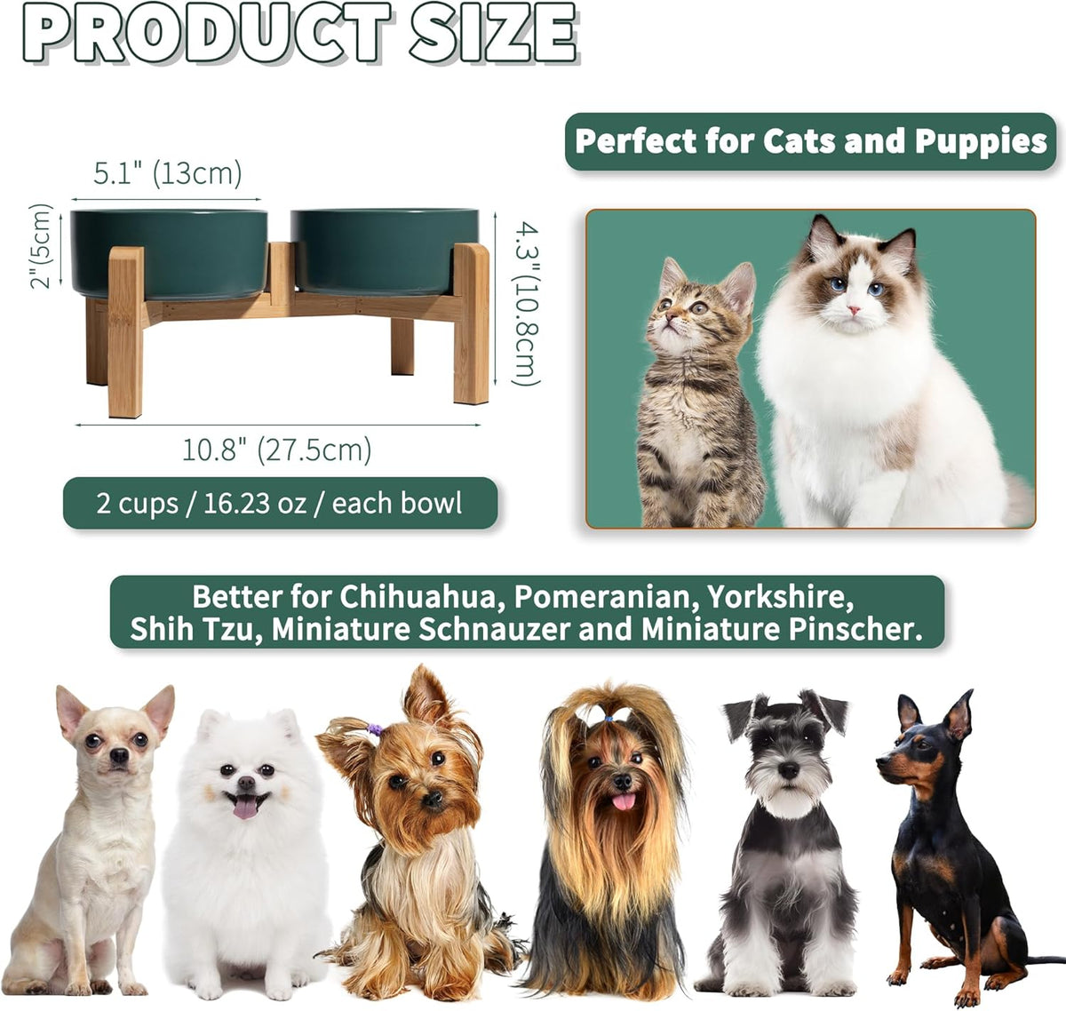 Elevated Ceramic Dog Bowl Set - Raised Feeding Bowls with Non-Slip Bamboo Stand - Small Pet Dishes