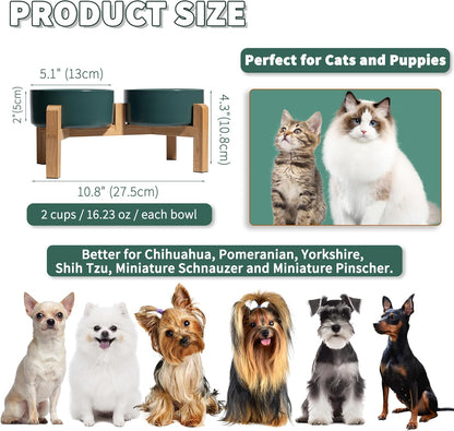 Elevated Ceramic Dog Bowl Set - Raised Feeding Bowls with Non-Slip Bamboo Stand - Small Pet Dishes