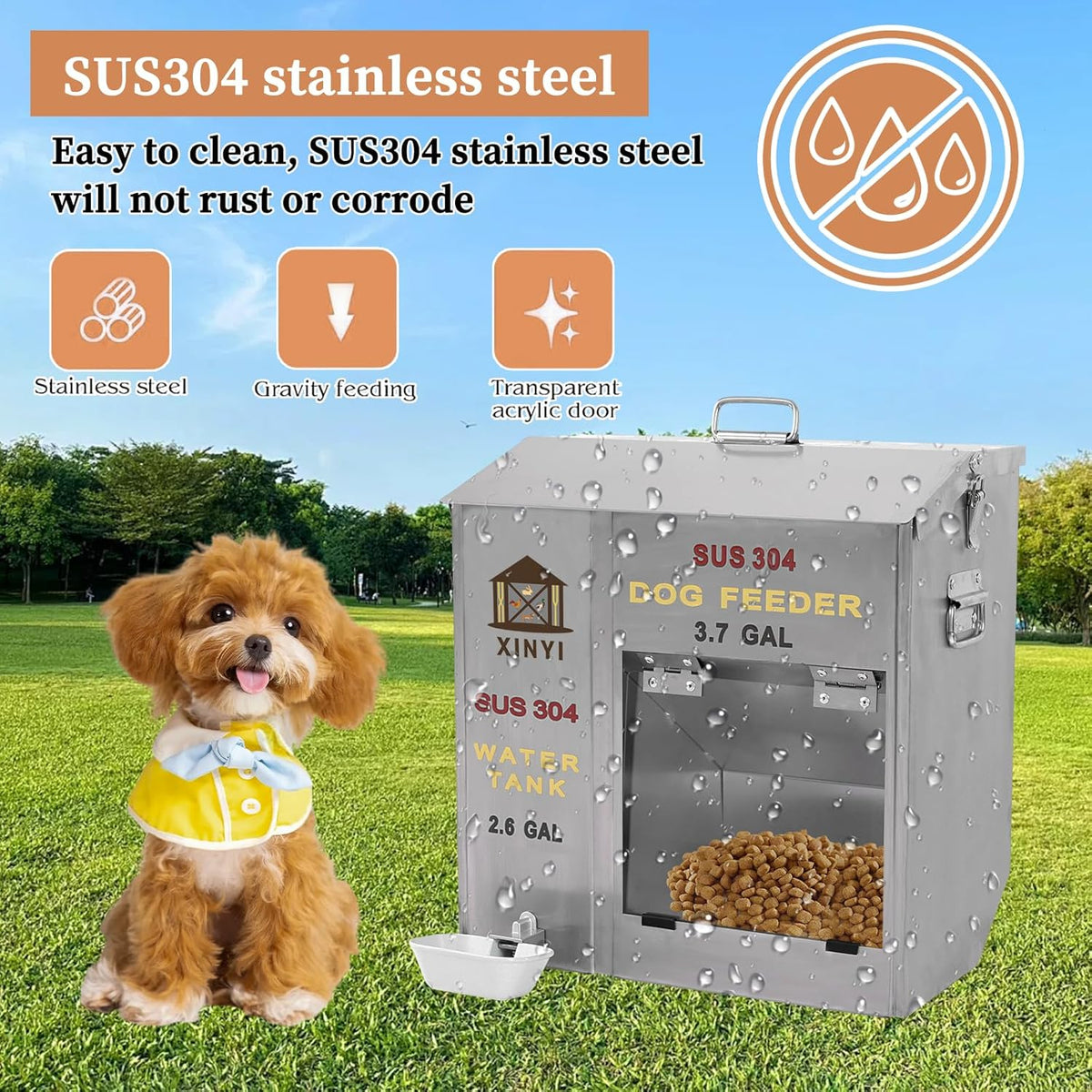 XINYI Automatic Dog Feeder and Waterer 2-in-1,SU304 Stainless Steels 2.6 Gallon Water Tank with 1
