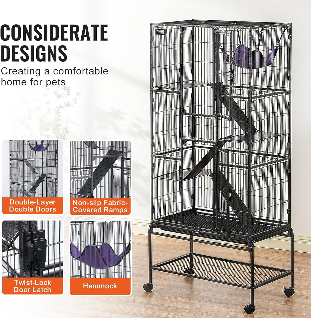 VEVOR 69" Rolling Metal Ferret Cage, Large 4-Tier Critter Nation Cage, Small Animal Cage with Ramps