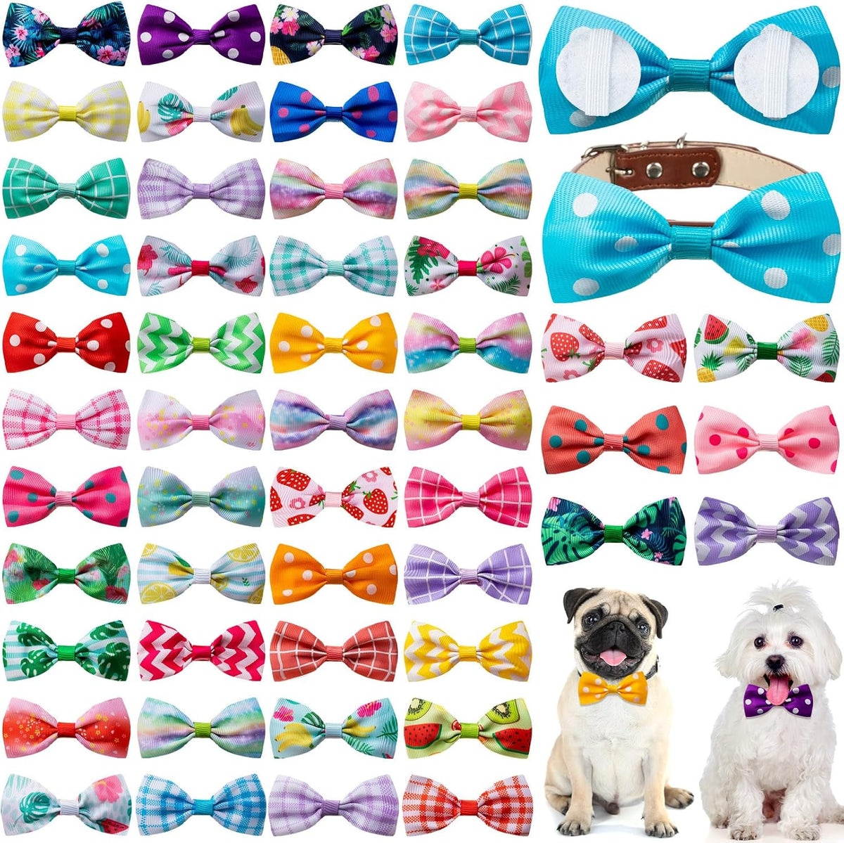 Reginary 50 Pieces Dog Bow Ties Pet Collar Bow Puppy Collar Attachment with Rubber Bands for Small