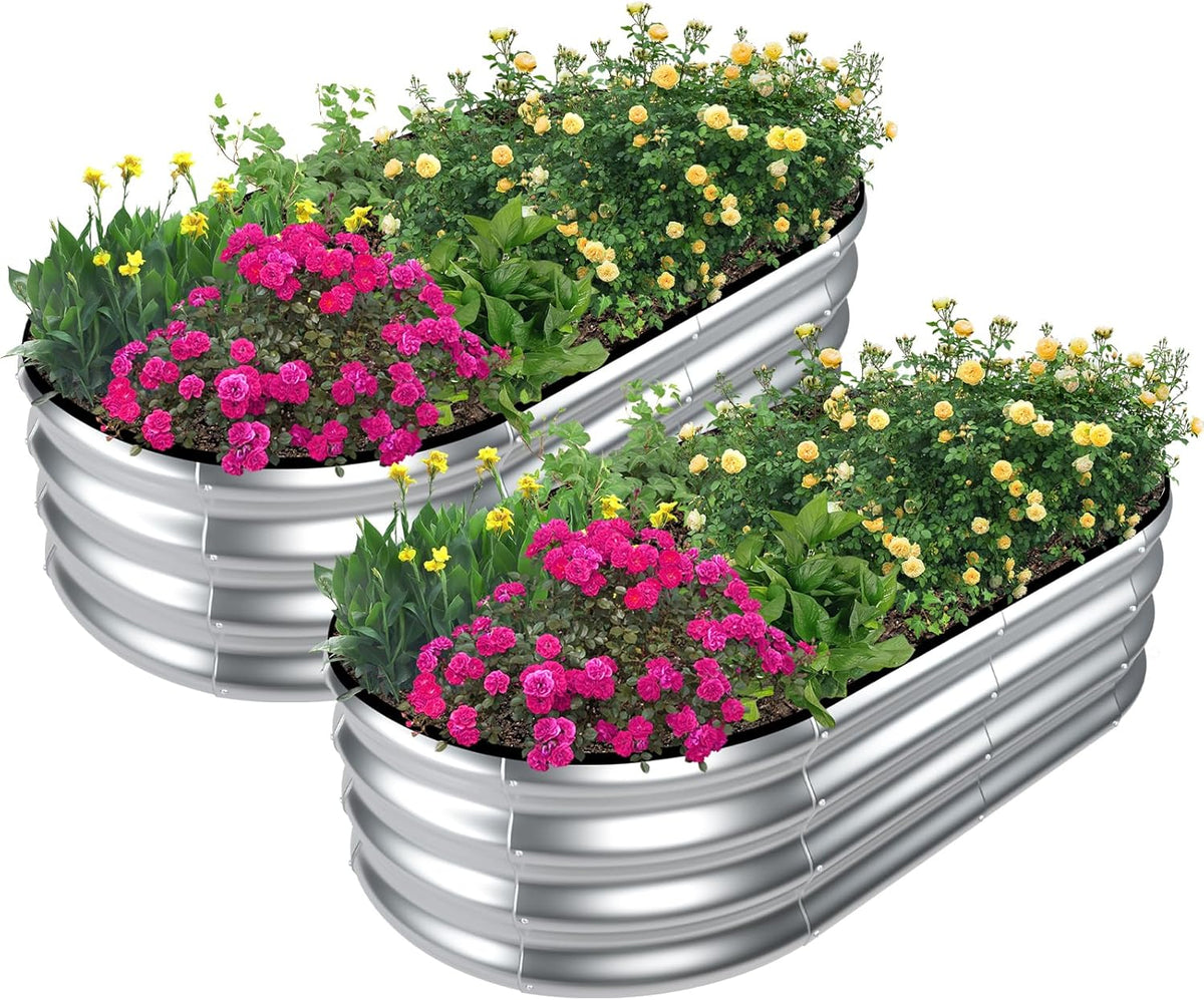 SnugNiture Galvanized Raised Garden Bed Outdoor, 2 Pcs 4x2x1ft Oval Metal Planter Box for Planting