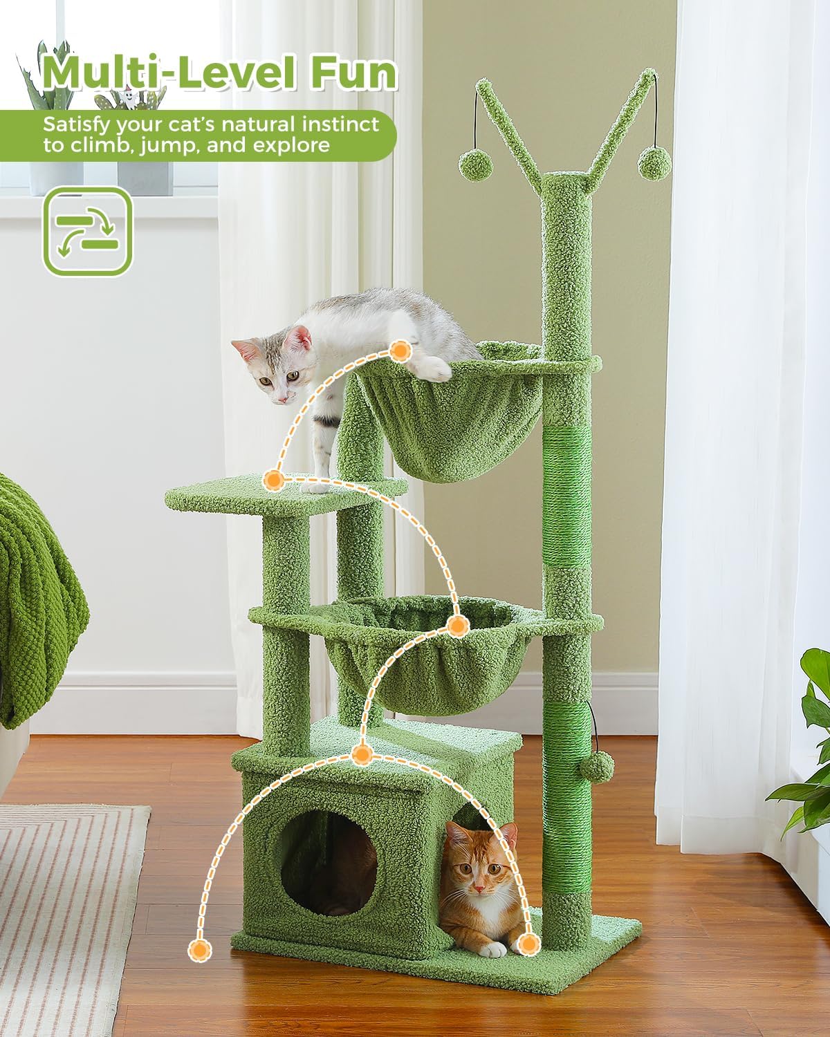 Cactus Cat Tree, 47.6" Cat Tower with 2 Metal Frame Hammock, Cat Scratching Post for Indoor Cats