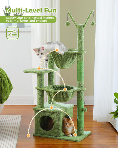 Cactus Cat Tree, 47.6" Cat Tower with 2 Metal Frame Hammock, Cat Scratching Post for Indoor Cats