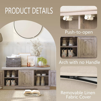 DINZI LVJ Shoe Bench, Entryway Storage Bench with Doors, Cushion, 2-Tier Shoe Rack with 6-Cubby