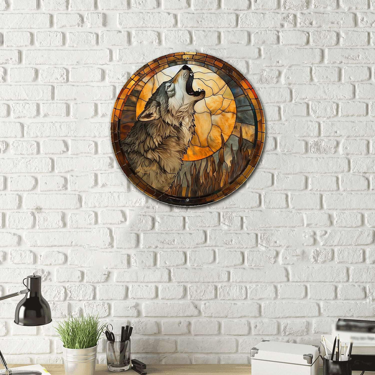 Lygond Metal Sign Tin Sign Circular Stained Glass Gray Wolf Bar Signs for Home Bar for Bar 8×8
