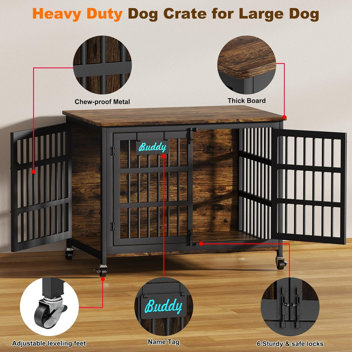 EasyCom 42"/41"/33" Dog Crate Furniture with Name Tag, XL Heavy Duty Dog Kennel Indoor for Large
