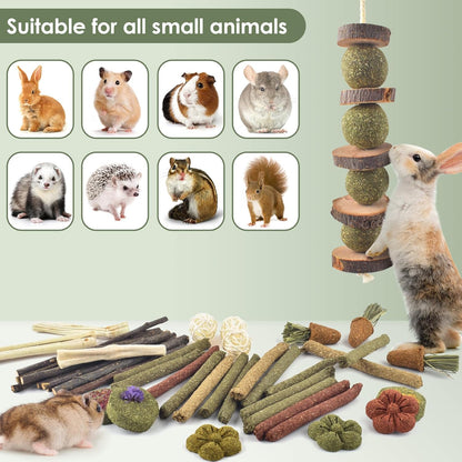 ERKOON Bunny Toys Boredom, 42 PCS Bunnies Timothy Hay Sticks Carrots Rose Grass Cake Dental Care